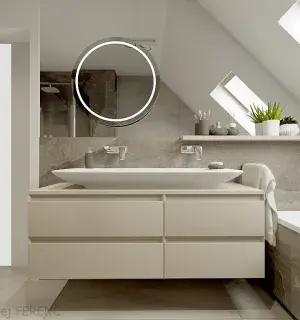 Ciepłe drewno i minimalistyczna szarość do nowoczesnej łazienki