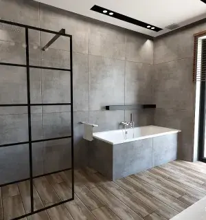 Łazienka z czarną kabiną – przytulna i nowoczesna