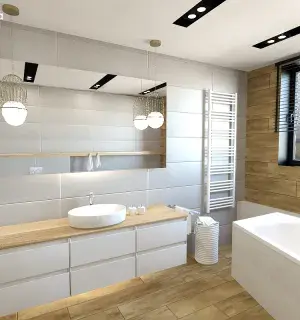 Drewno i biel w małej łazience