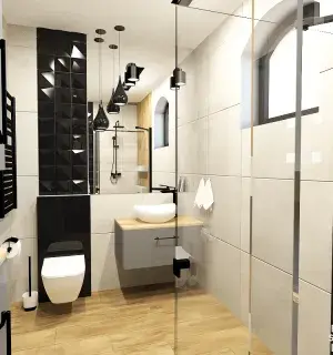 łazienka w drewnie, czerni i szarości