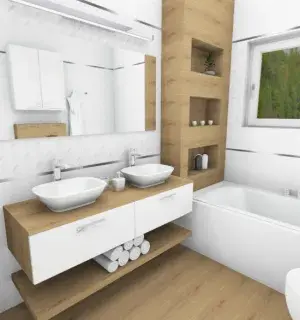 jasna łazienka z drewnianymi dodatkami