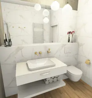 jasna łazienka ze złotymi detalami