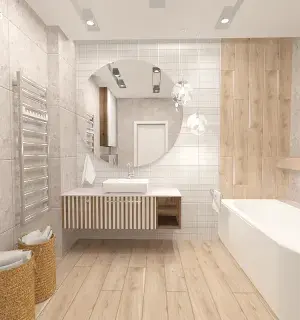 Niewielka łazienka w drewnie projektu Strzelecka Design.