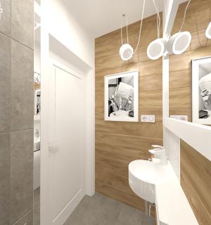 Niewielka łazienka z efektem drewna i betonu