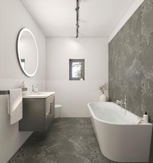 Minimalistyczna łazienka w bieli i betonie