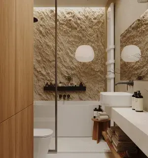 Nowoczesna łazienka ze ścianą o strukturze kamienia
