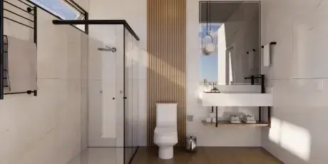 nowoczesna lazienka jasno drewniana z prysznicem