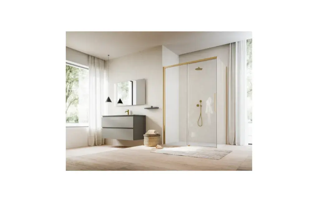 KABINA PROSTOKĄTNA ETNA DRZWI PRZESUWNE + ŚCIANKA SZKŁO PRZEZROCZYSTE /ZŁOTO SZCZOTKOWANE