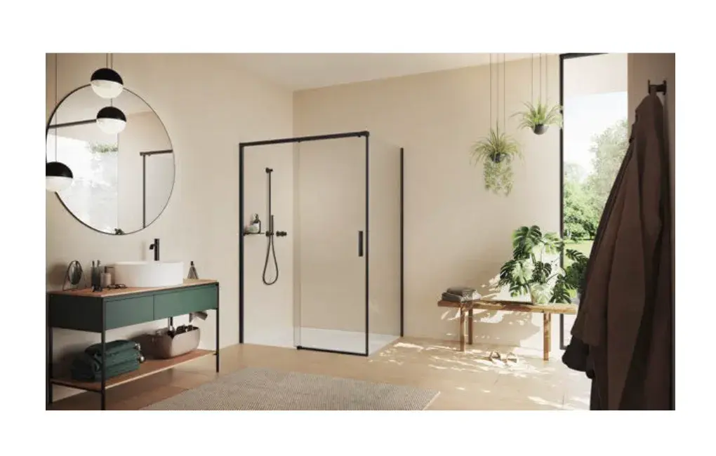 KABINA PROSTOKĄTNA VITA PURE DRZWI PRZESUWNE + ŚCIANKA BOCZNA BLACK EDITION/ SZKŁO PRZEZROCZYSTE ANTI PLAQUE MONTAŻ NA BRODZIKU, 120x90 cm